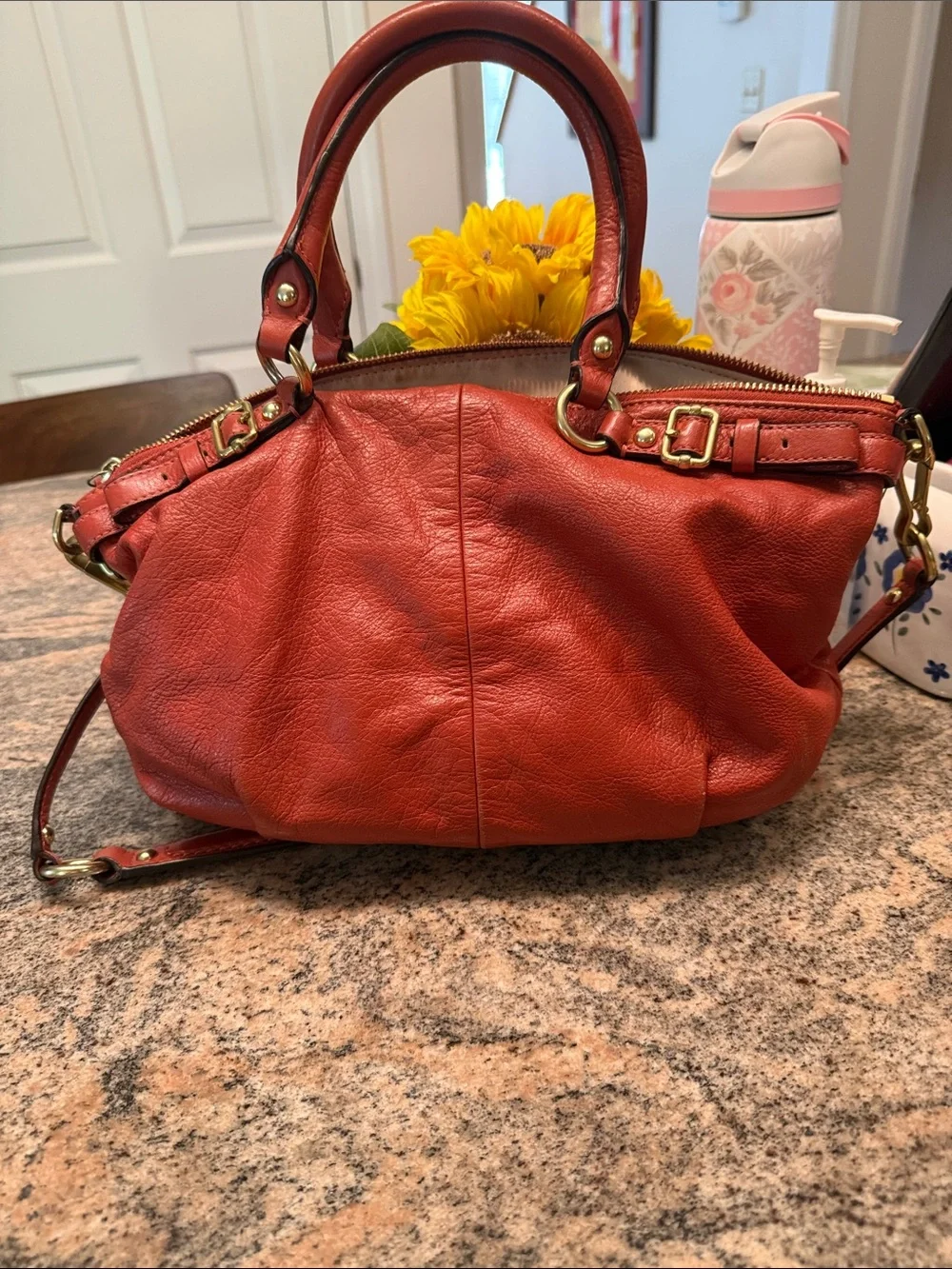 Coach Orange-Red Leather Satchel with Gold Hardware